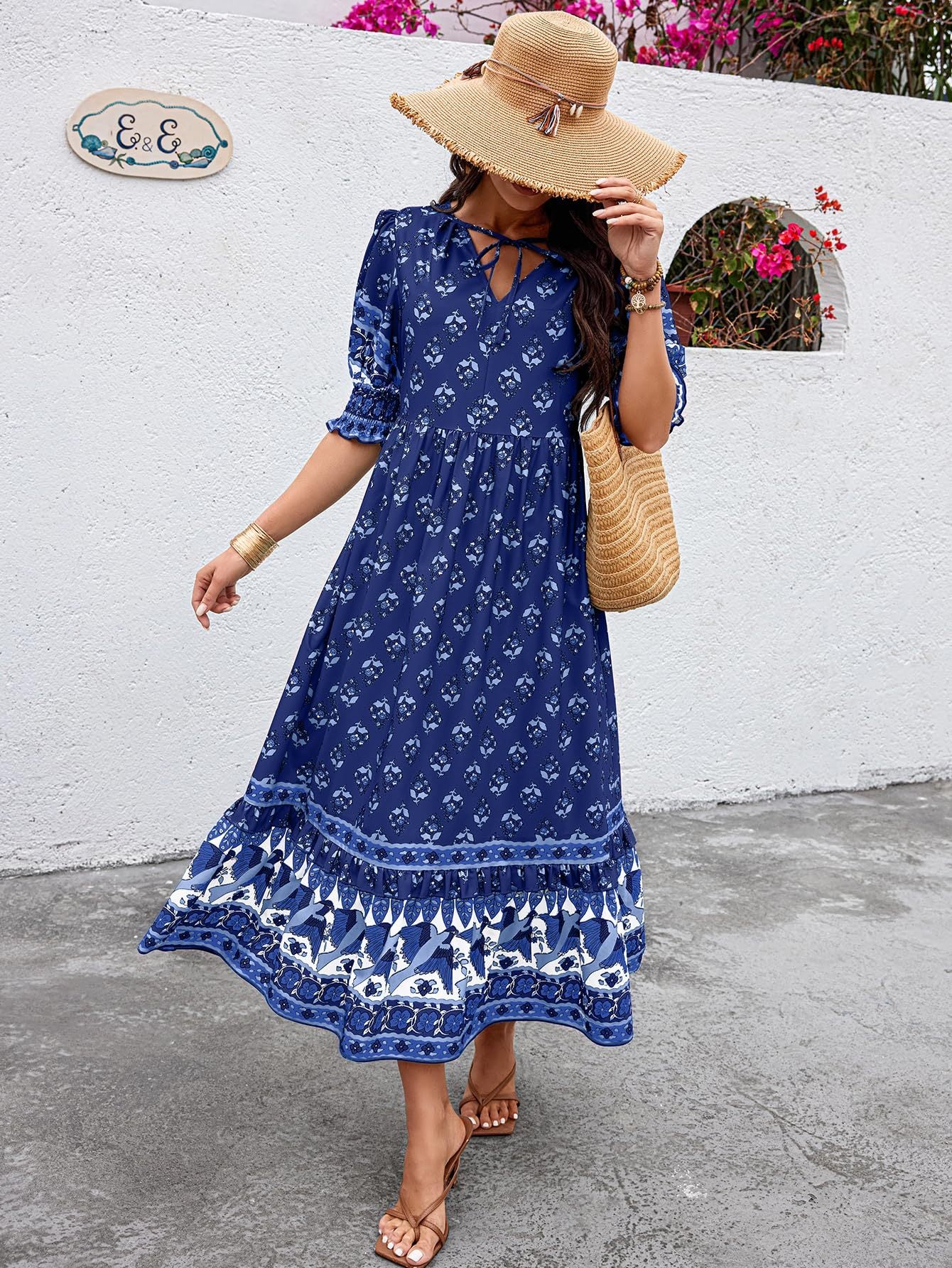 V-neck Printed Lantern Sleeve High Waist Big Swing Dress