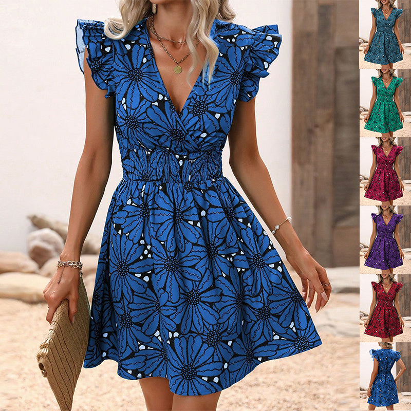 Vestido sin mangas con volantes y estampado de nuevas flores, vestidos cortos sexis de verano con escote en V profundo y cintura delgada para mujer, ropa