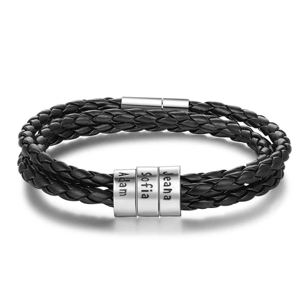 Pulsera de cuero genuino trenzada personalizada para hombre, cuentas personalizadas de acero inoxidable, pulsera con dijes de nombre para hombres con apellidos