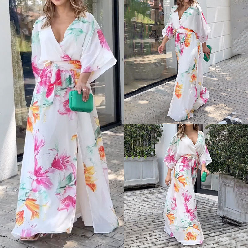 Vestido suelto con estampado de encaje y manga de murciélago para mujer