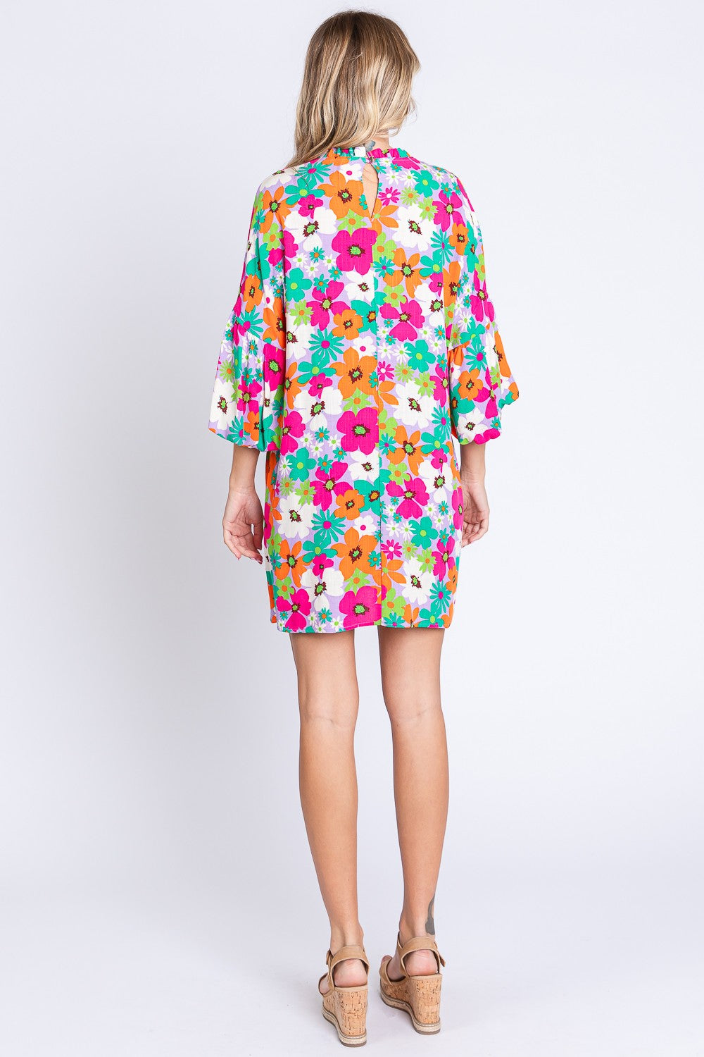 GeeGee Mini-robe florale pleine taille à col rond et manches lanternes