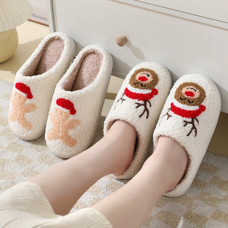 Zapatillas de casa navideñas, zapatillas de algodón con dibujos animados de Papá Noel para mujeres y hombres, parejas, zapatos peludos cálidos de invierno