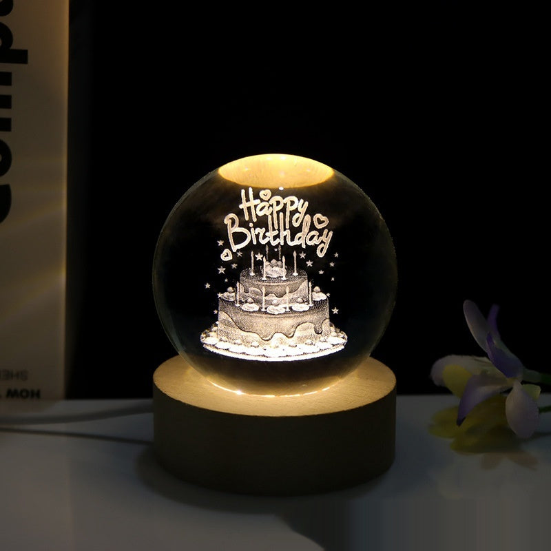 Creative 3D Laser Carved Crystal Ball Bedroom Small Night Lamp