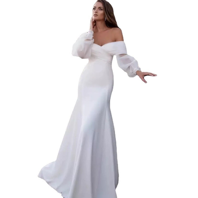 Vestido de novia ligero con cola de satén blanco conciso de primavera