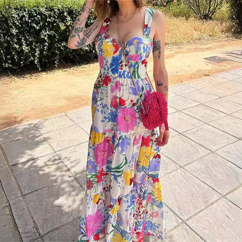 Printed High Waist Twill Dress No Back Waist Dress Casual Style