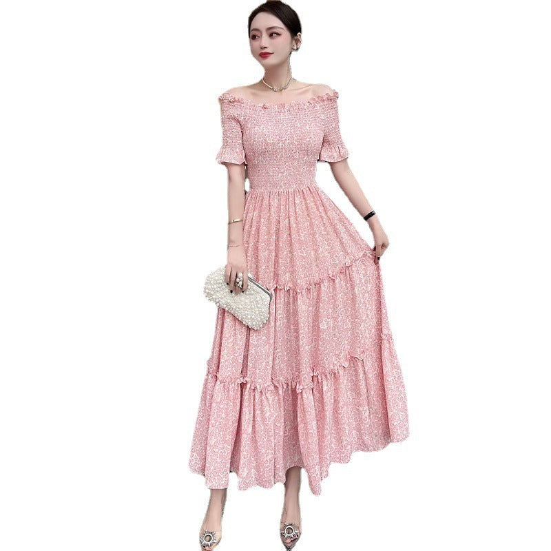 Robe longue bohème à manches courtes et taille élastique à épaules dénudées Vêtements pour femmes