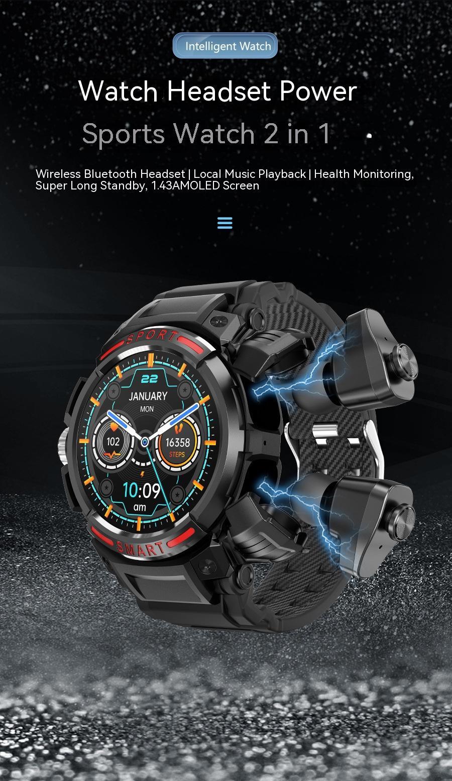 Montre intelligente TWS Bluetooth casque 2-en-1 GT100 double appel mémoire 128m