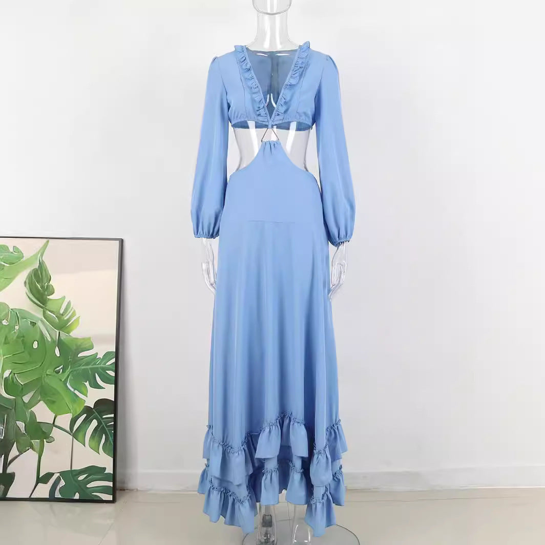 Pure Blue Deep V-neck Midriff Outfit Women's Long Sleeve Long Dress