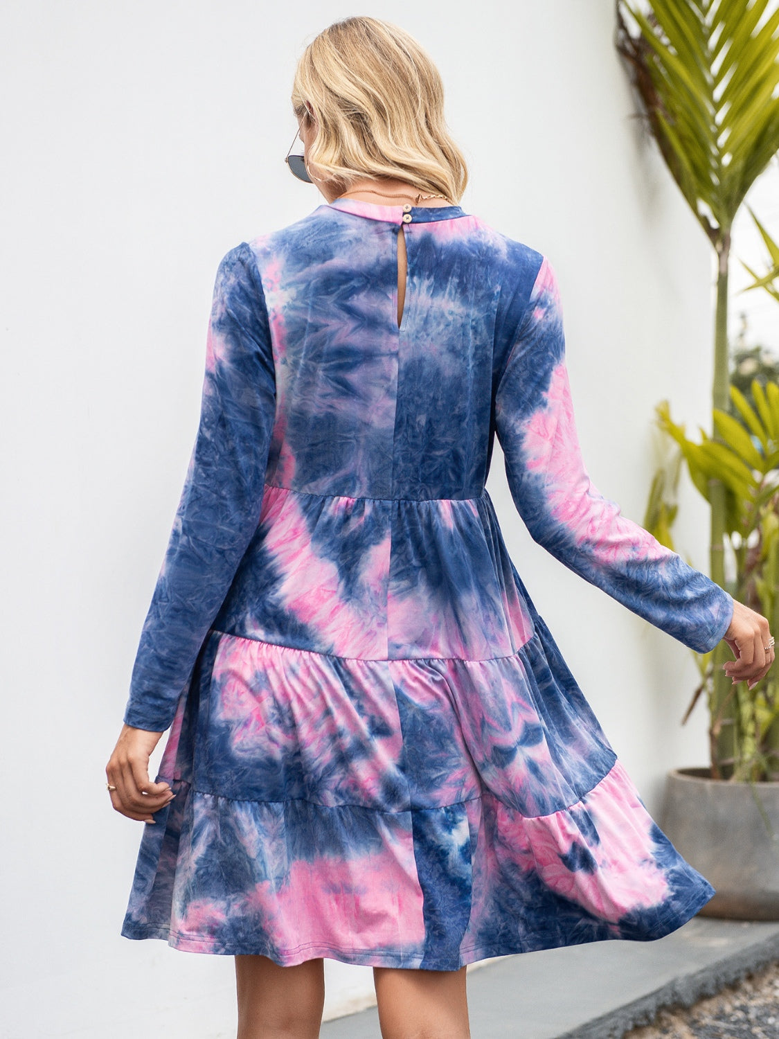 Tie-Dye Round Neck Long Sleeve Tiered Dress