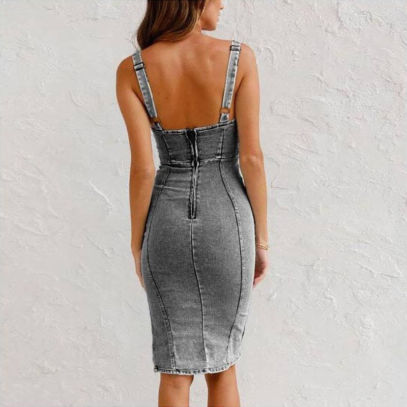 Robe en Denim à bretelles, col en U, décontractée, serrée, Slim, avec fente, vêtements pour femmes, nouvelle collection été