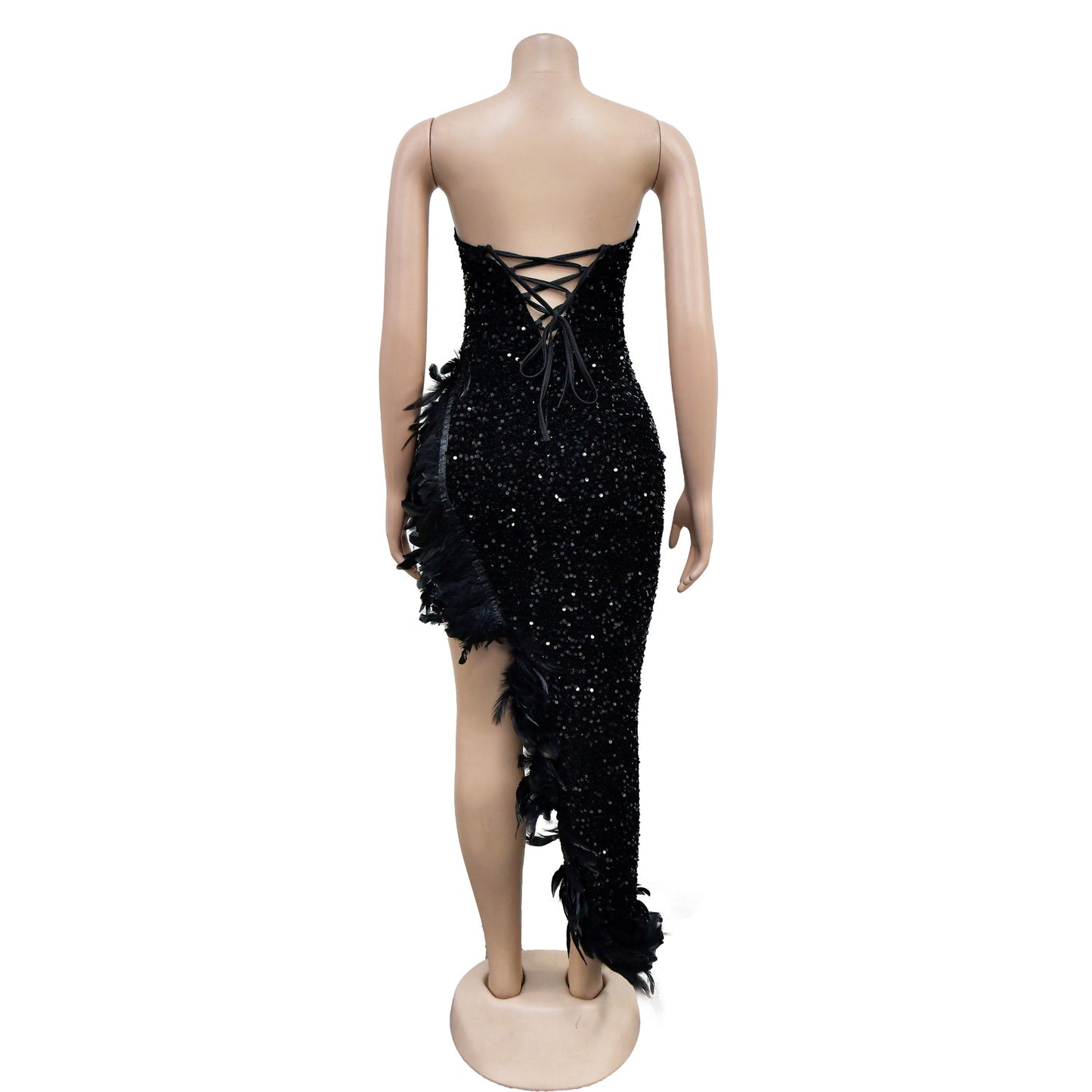 Fashion Women's Wear Pure Color Tube-top Sequined Feather Dress