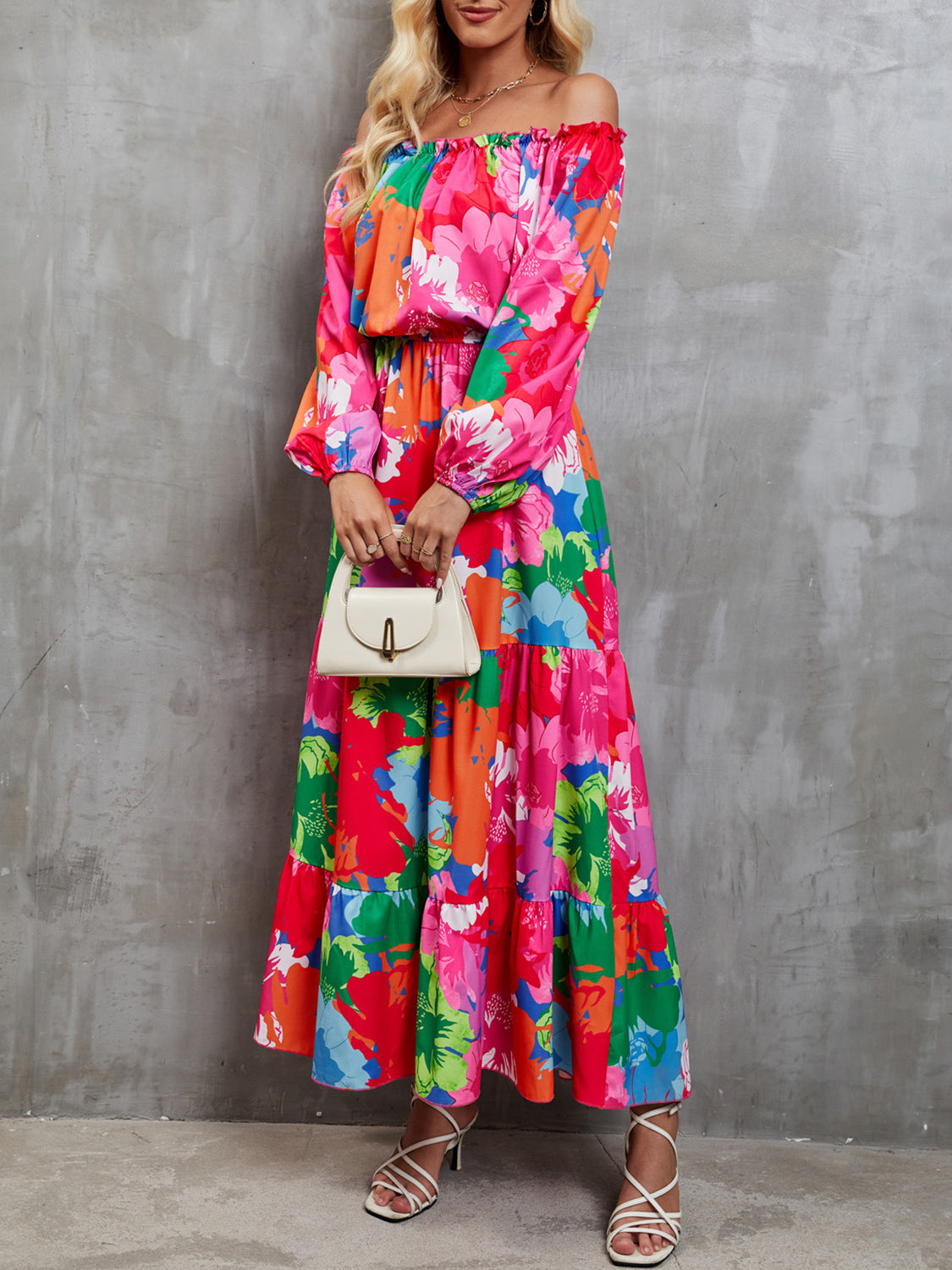 Printed Off-Shoulder Balloon Sleeve Tiered Dress