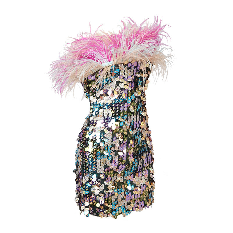 Gradient Sequin Gorgeous Feather Tube Top Extra Short Dress