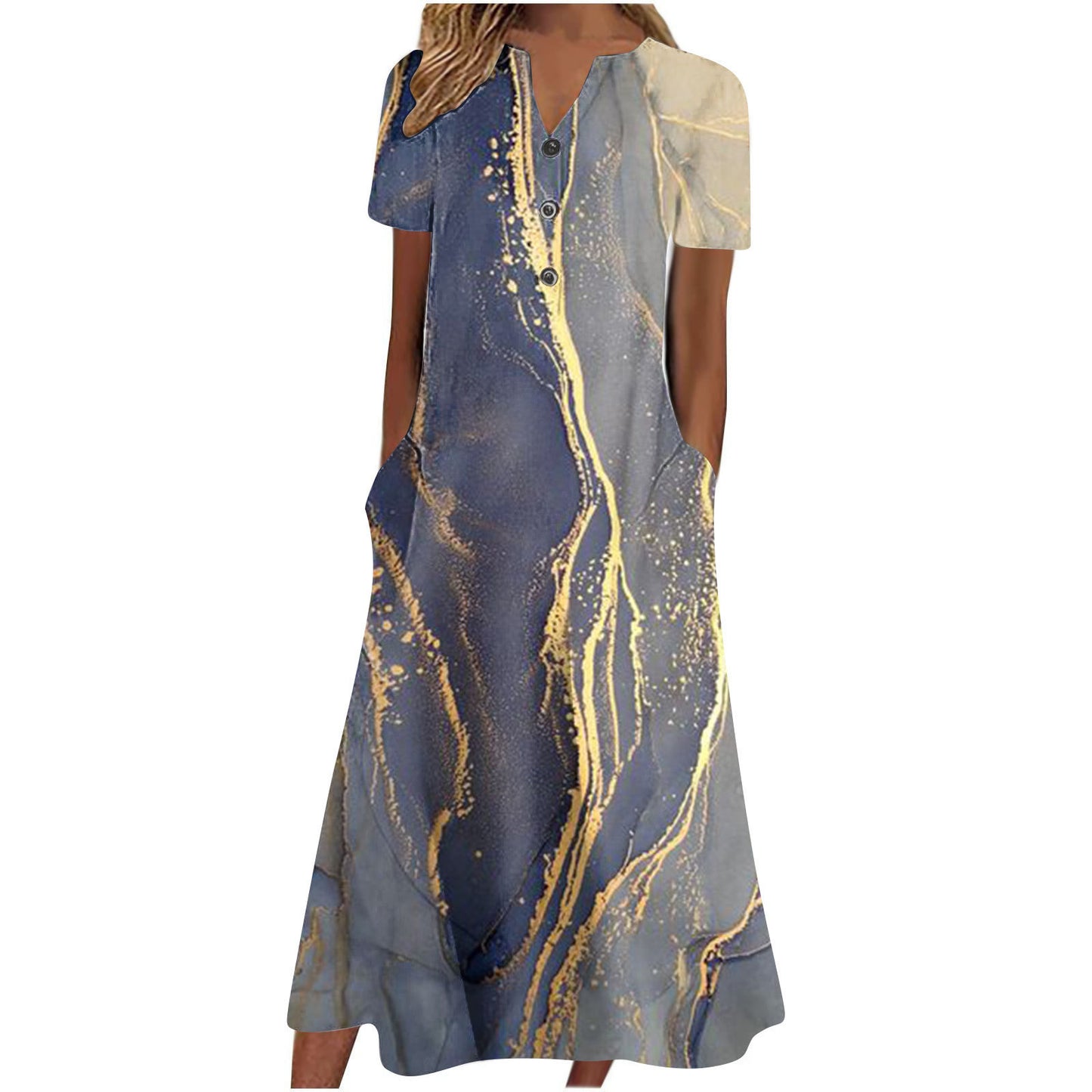 Printed Pocket V-neck Loose Casual Length Dress