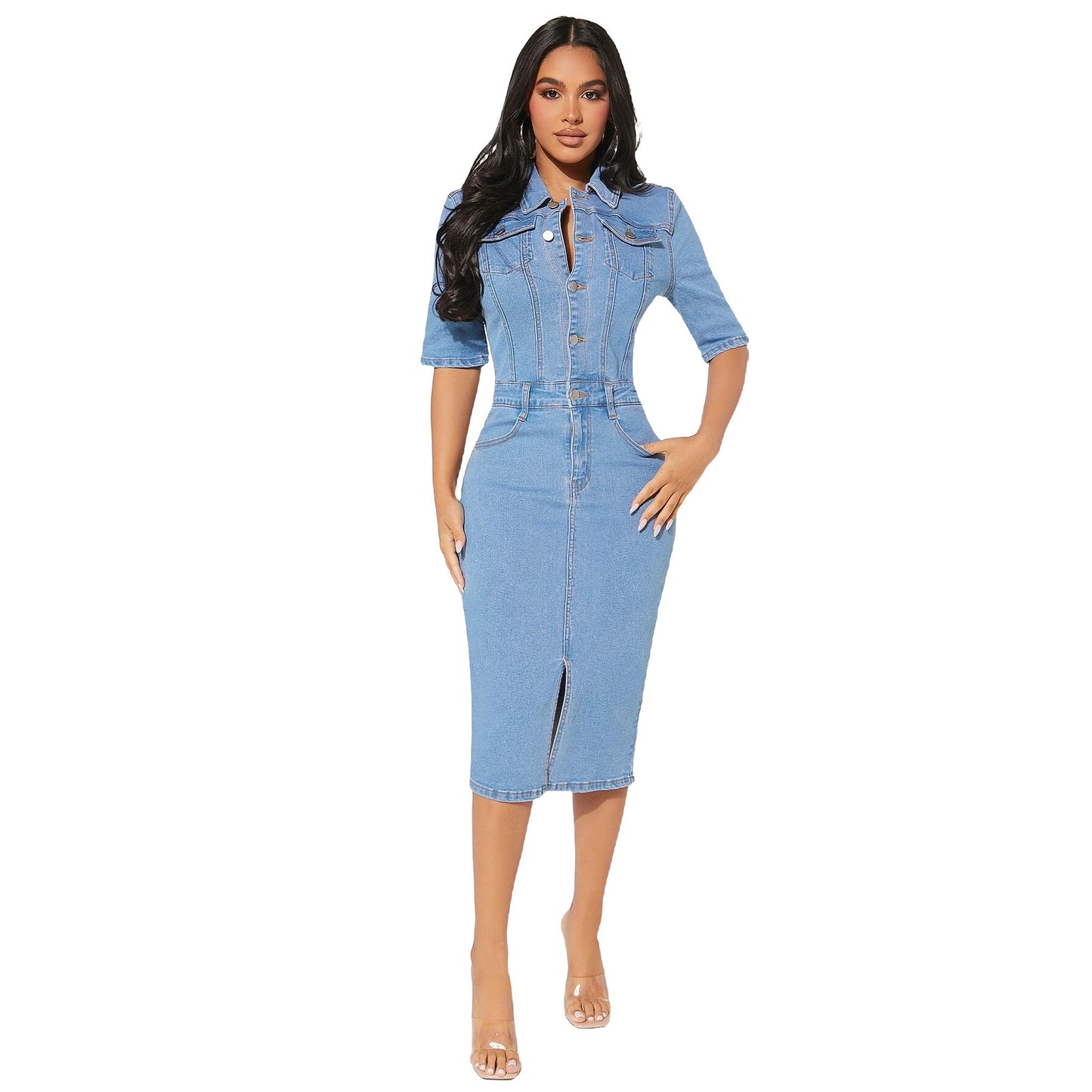 Robe en denim enveloppée de hanches pour femmes, personnalité de la mode