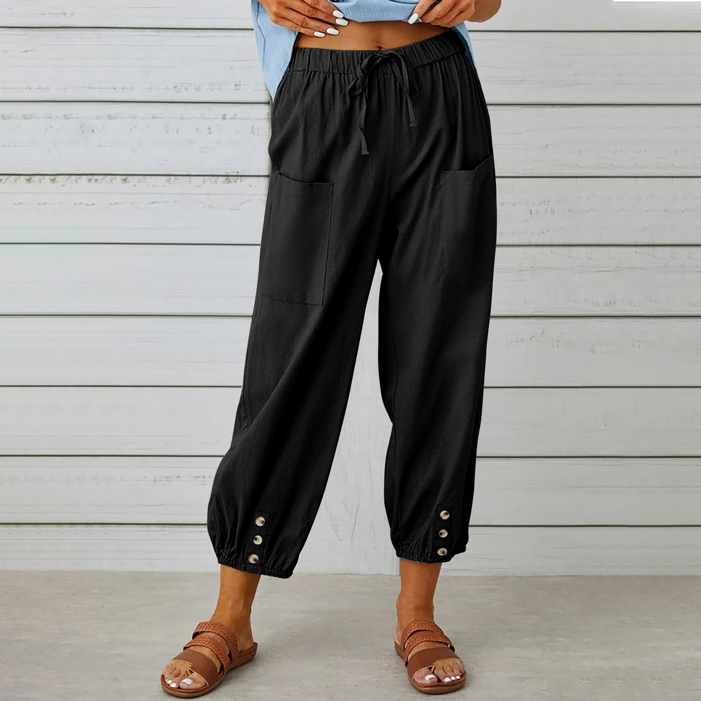 Pantalones con cordón y lazo para mujer, pantalones de algodón y lino para primavera y verano con botones y bolsillos