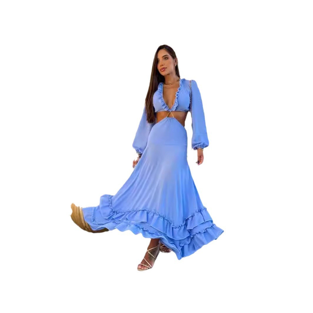 Robe longue à manches longues pour femmes, tenue Midriff à col en V profond bleu pur