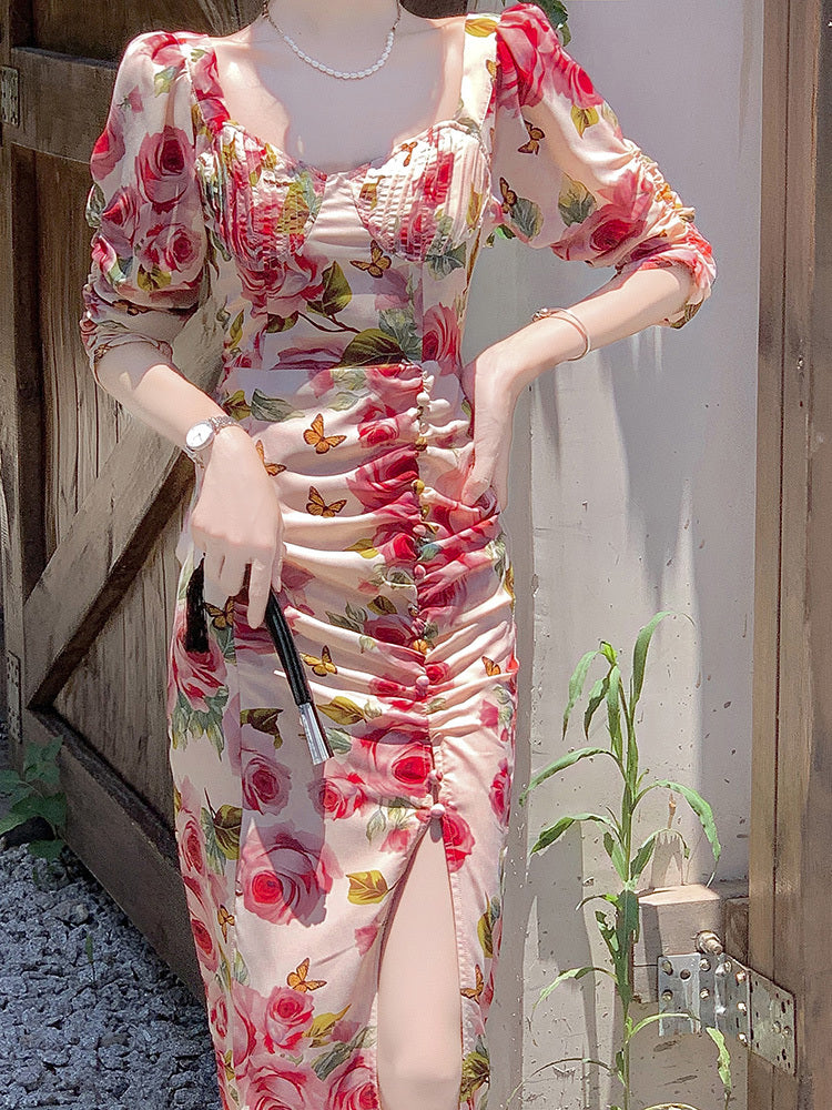 Robe à fleurs rose rétro élégante haut de gamme pour femmes