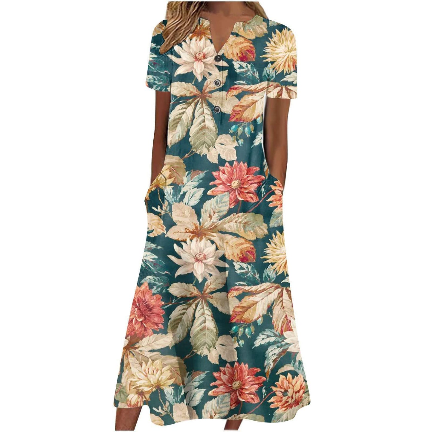 Printed Pocket V-neck Loose Casual Length Dress