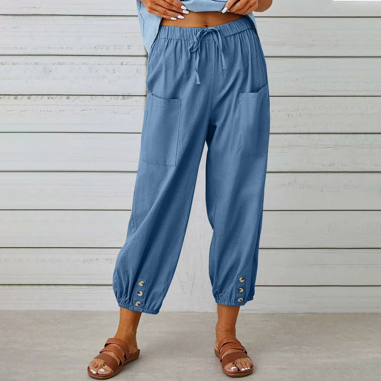 Pantalon à cordon de serrage pour femme, pantalon en coton et lin avec poches et boutons, printemps et été