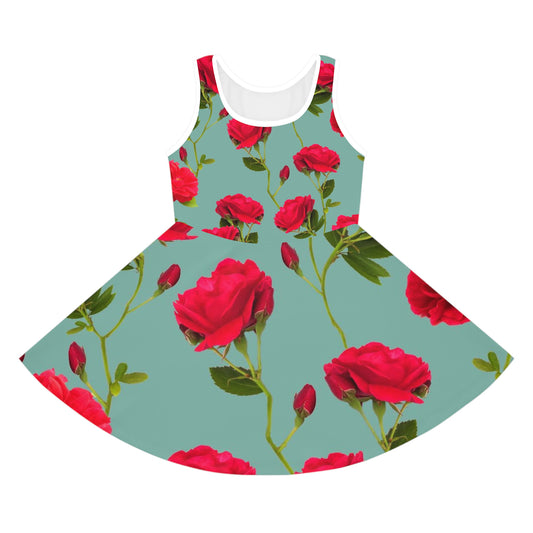 Red Flowers and blue - Inovax Girl's Sleeveless Sundress