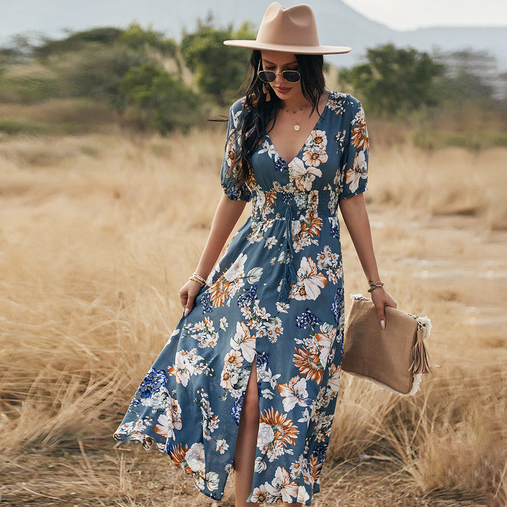 Vestido floral de playa de verano con vestidos de cintura elástica con cuello en V para mujer