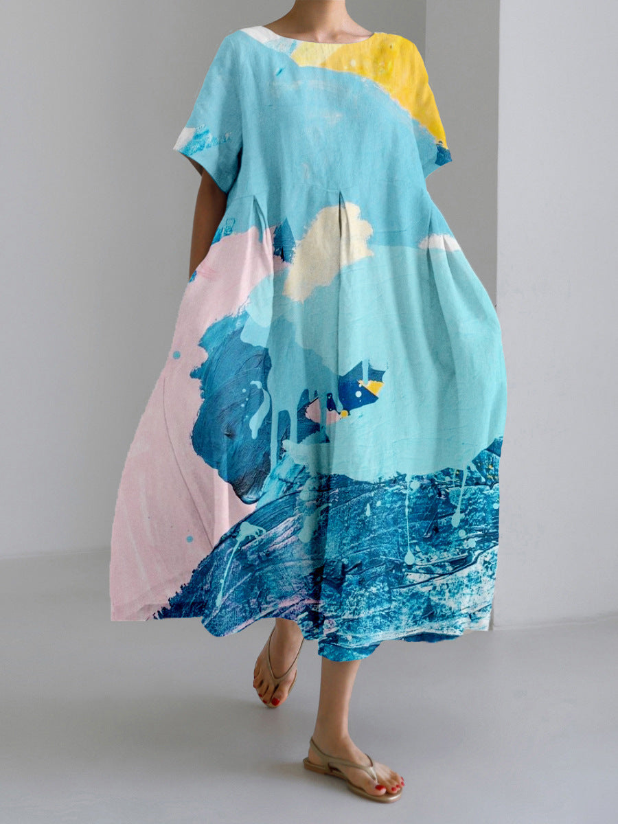 Loose Round Neck Fashion Advanced Short Sleeve Printing Dress