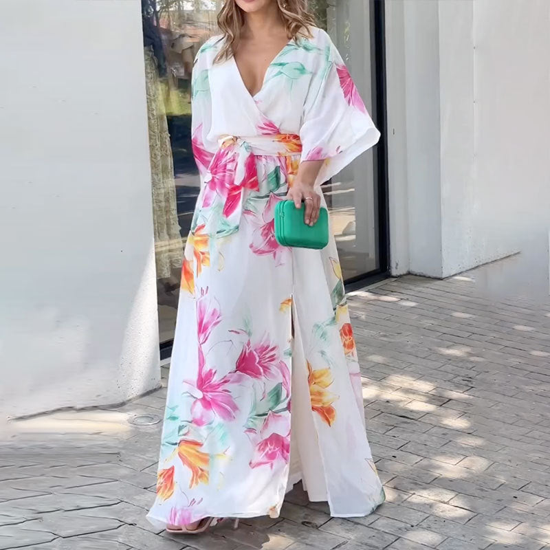 Vestido suelto con estampado de encaje y manga de murciélago para mujer