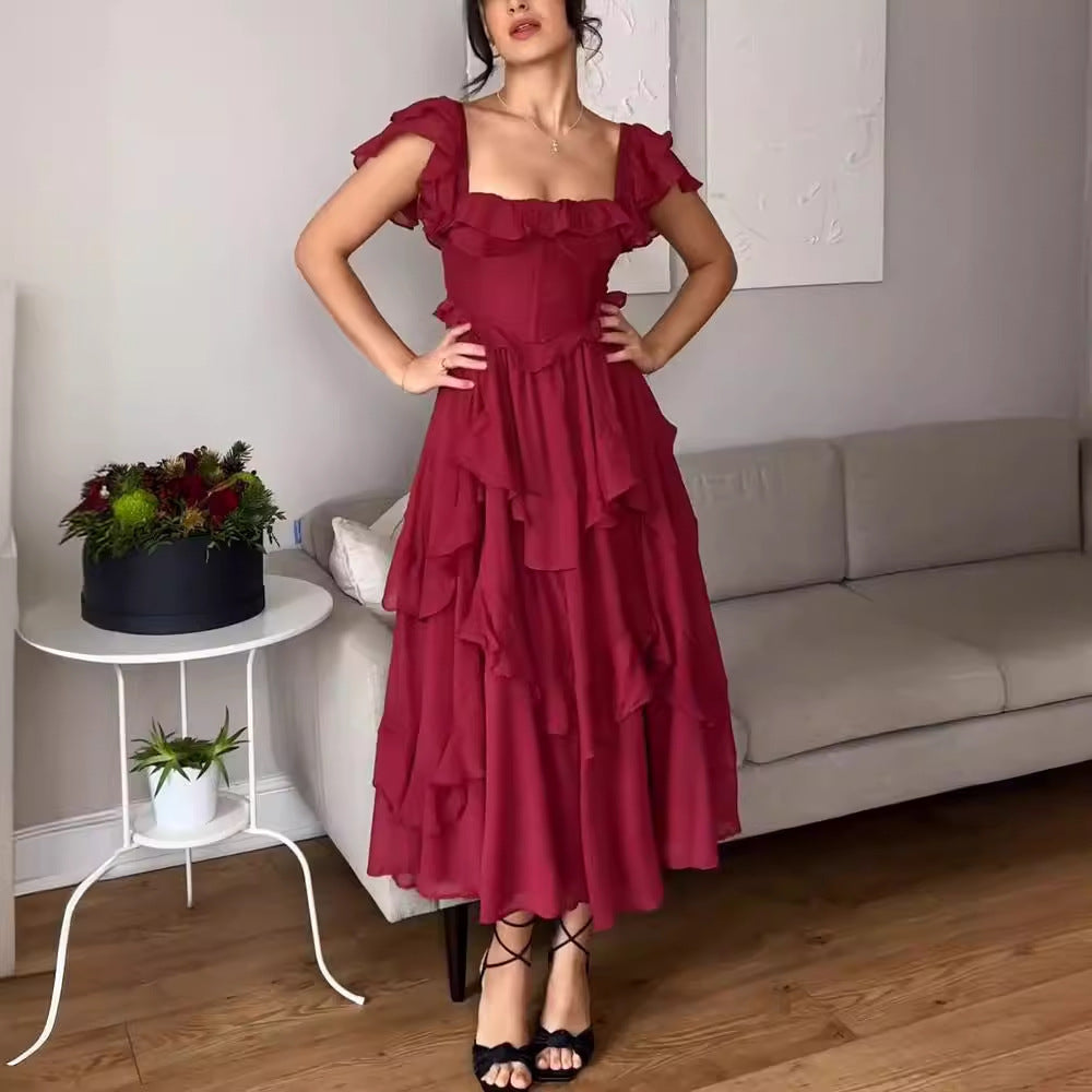 Vestido de manga corta con volantes para vacaciones de verano, vestidos largos con cuello cuadrado y espalda descubierta a la moda para fiesta, ropa para mujer