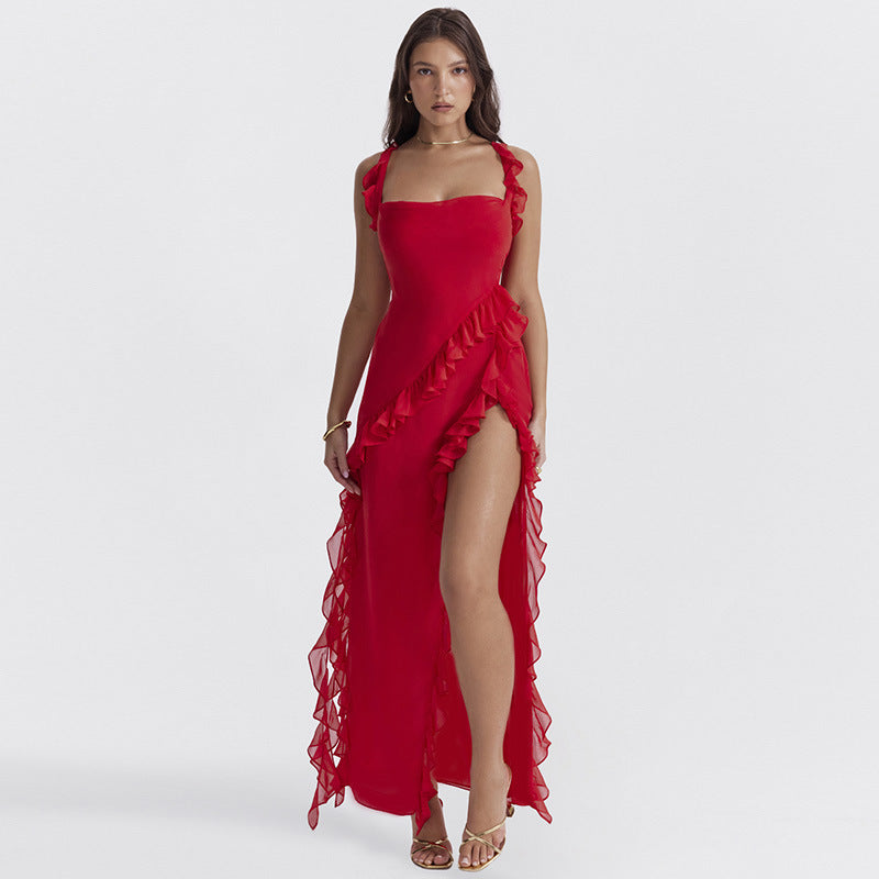 Vestido con volantes y abertura hasta el muslo para mujer, vestidos sexys con tirantes finos y cuello cuadrado con espalda descubierta y tirantes para noche, ropa Praty