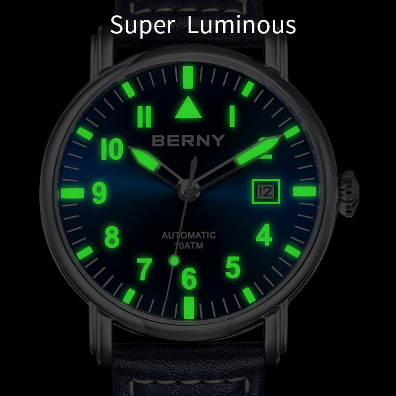 Reloj mecánico luminoso impermeable con cinturón para hombre