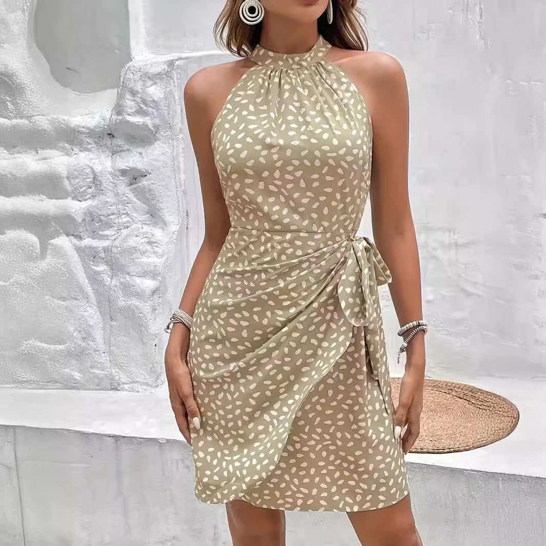 Vestido estampado con cuello halter de verano y diseño de cintura atada Vestido con temperamento de puntos temblorosos para mujer