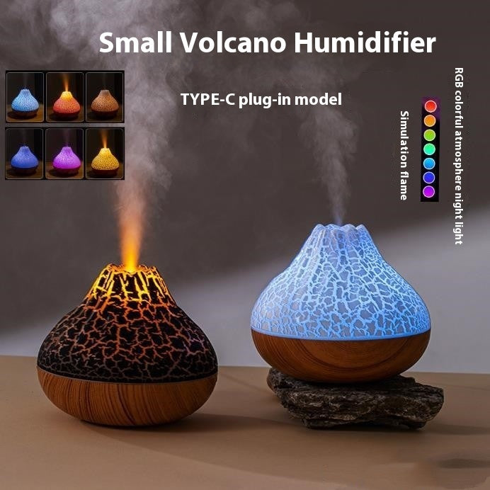 Humidificateur volcanique, brouillard de Grain de bois, lumière d'ambiance silencieuse à sept couleurs