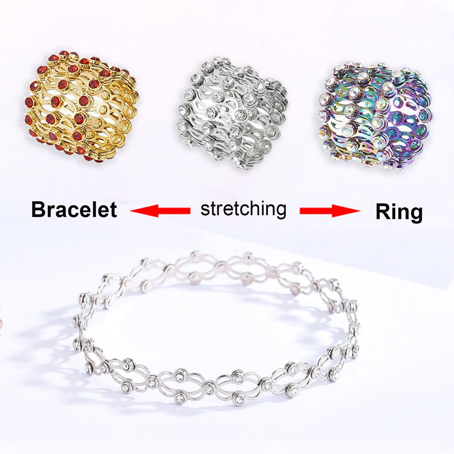 Pulsera de anillos retráctiles plegables 2 en 1, anillos mágicos de diamantes de imitación, pulsera Deformable, joyería de moda ajustable de estilo Ins para mujer