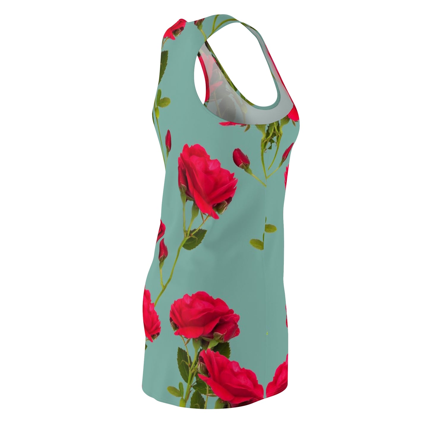 Flores rojas y azul - Vestido con espalda cruzada cortado y cosido para mujer Inovax