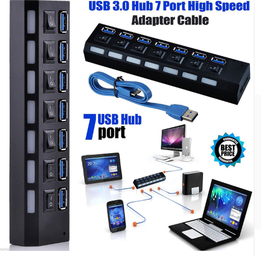 HUB EXTERNE USB3.0 7 PORTS HAUTE VITESSE AVEC ADAPTATEUR D'ALIMENTATION 