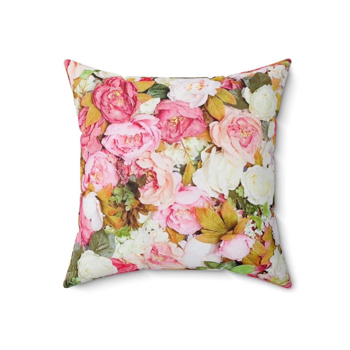 Flores rosas - Almohada cuadrada de poliéster hilado Inovax