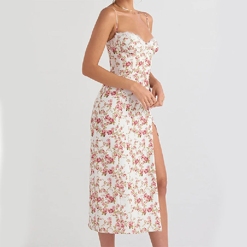 Vestido largo con estampado de flores de encaje, vestido Sexy con tirantes y abertura a la moda, ropa de verano para mujer