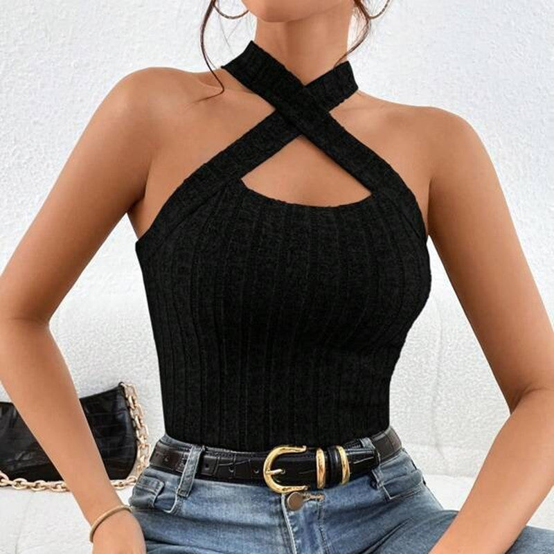 Top de punto cepillado sin mangas con cuello halter para mujer