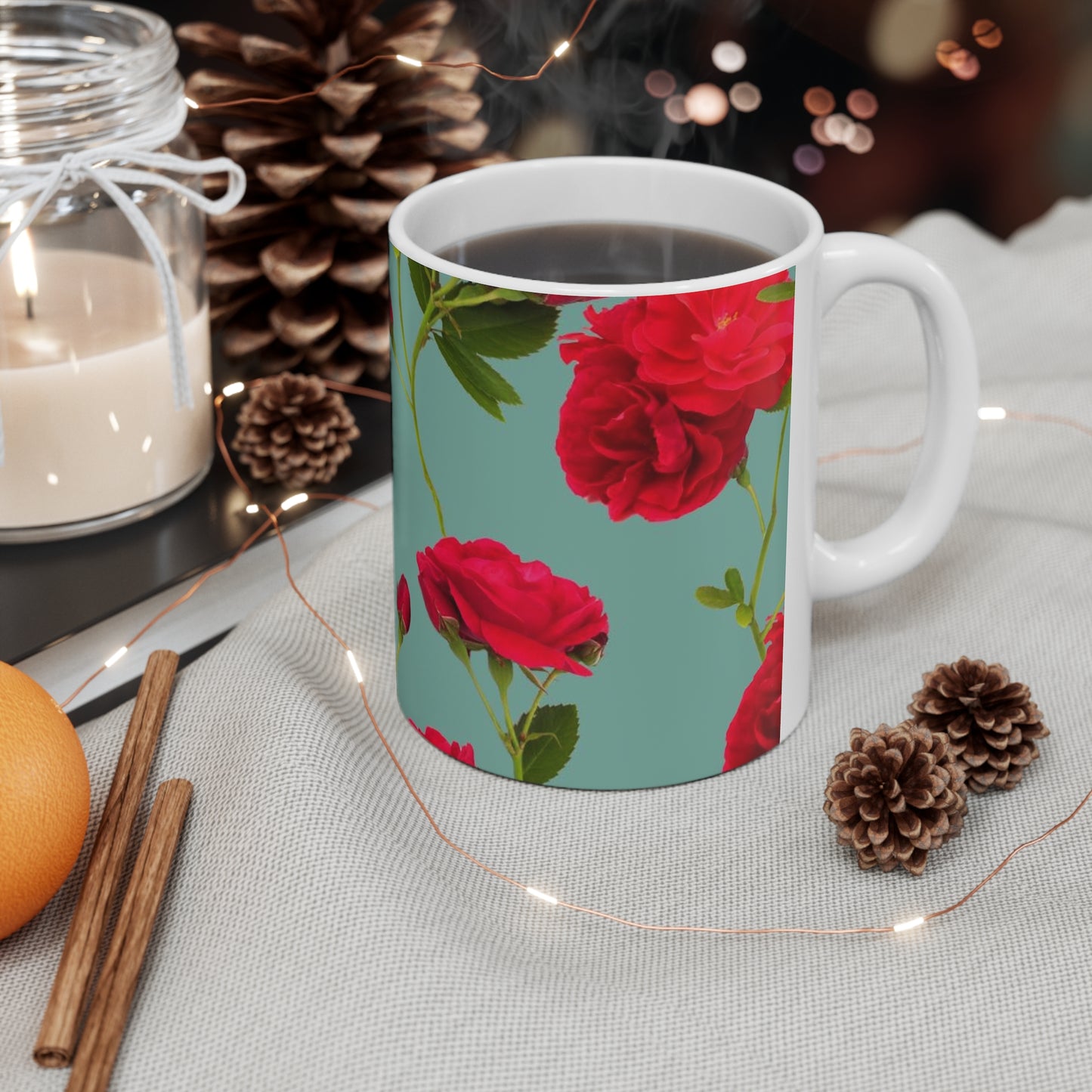 Red Flowers and blue - Inovax Ceramic Mug 11oz