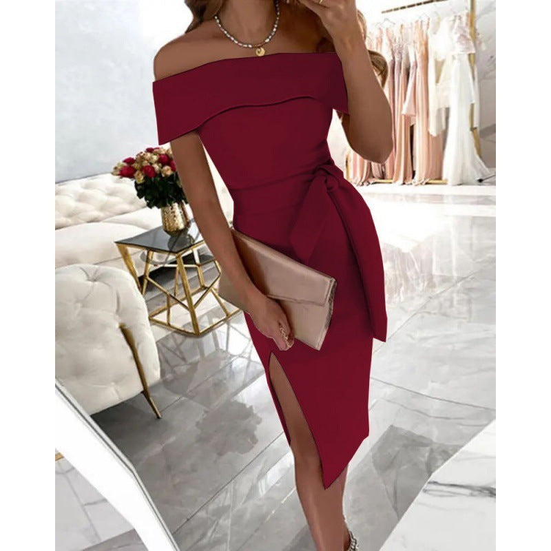 Off-neck Solid Color Lace-up Slim Fit Dress Party Style