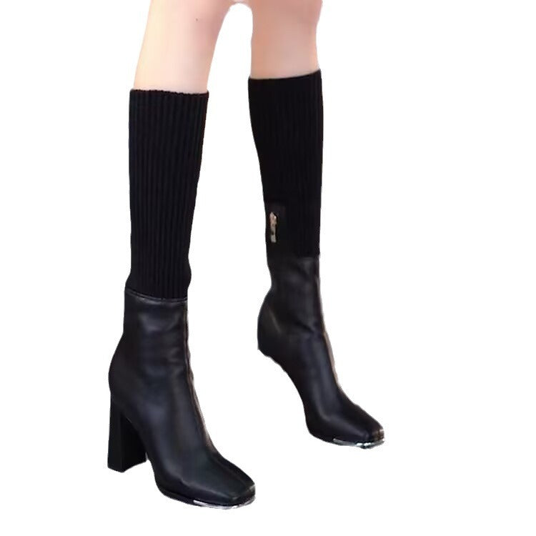 Chaussettes extensibles tricotées pour femmes, bottes longues à tête carrée et talon épais, automne et hiver