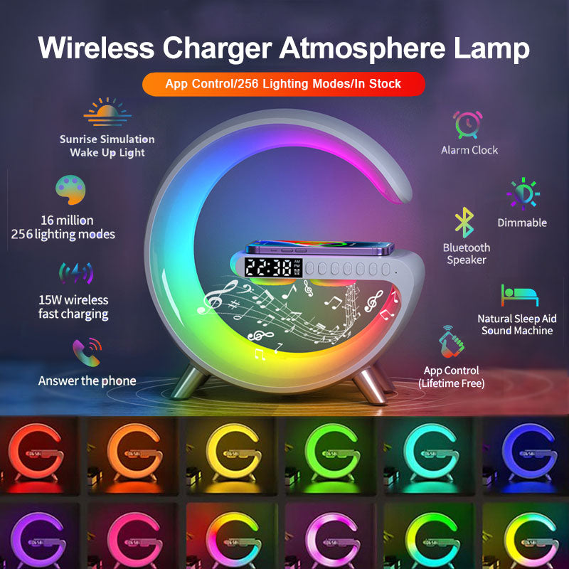 Lámpara LED inteligente en forma de G, altavoz con Bluetooth, cargador inalámbrico, lámpara de ambiente, Control por aplicación para decoración del hogar y dormitorio, novedad de 2023