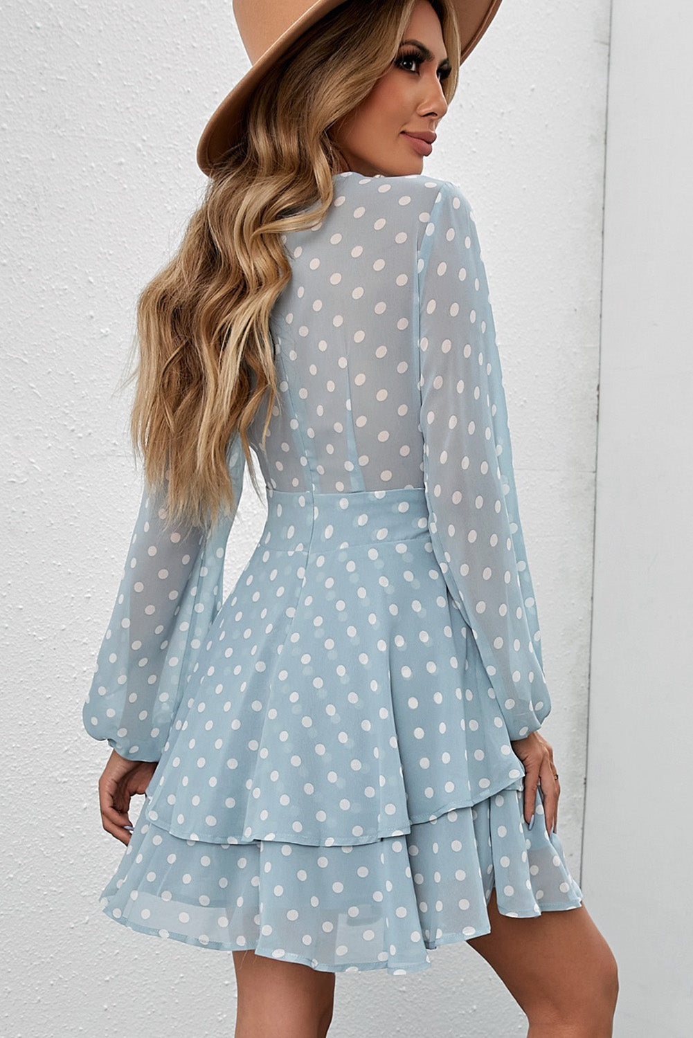 Tied Layered Polka Dot Balloon Sleeve Dress