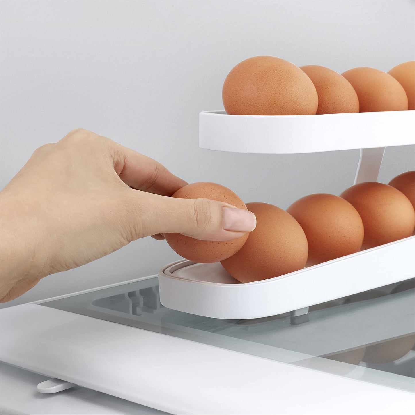 Rejilla para huevos con desplazamiento automático, caja de almacenamiento, cesta para huevos, contenedor, organizador enrollable, refrigerador, dispensador de huevos para utensilios de cocina