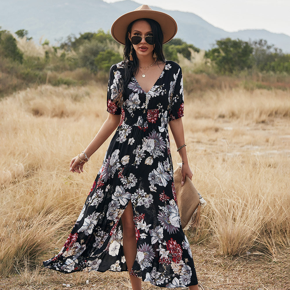 Robe de plage d'été florale avec col en V, robes à taille élastique pour femmes