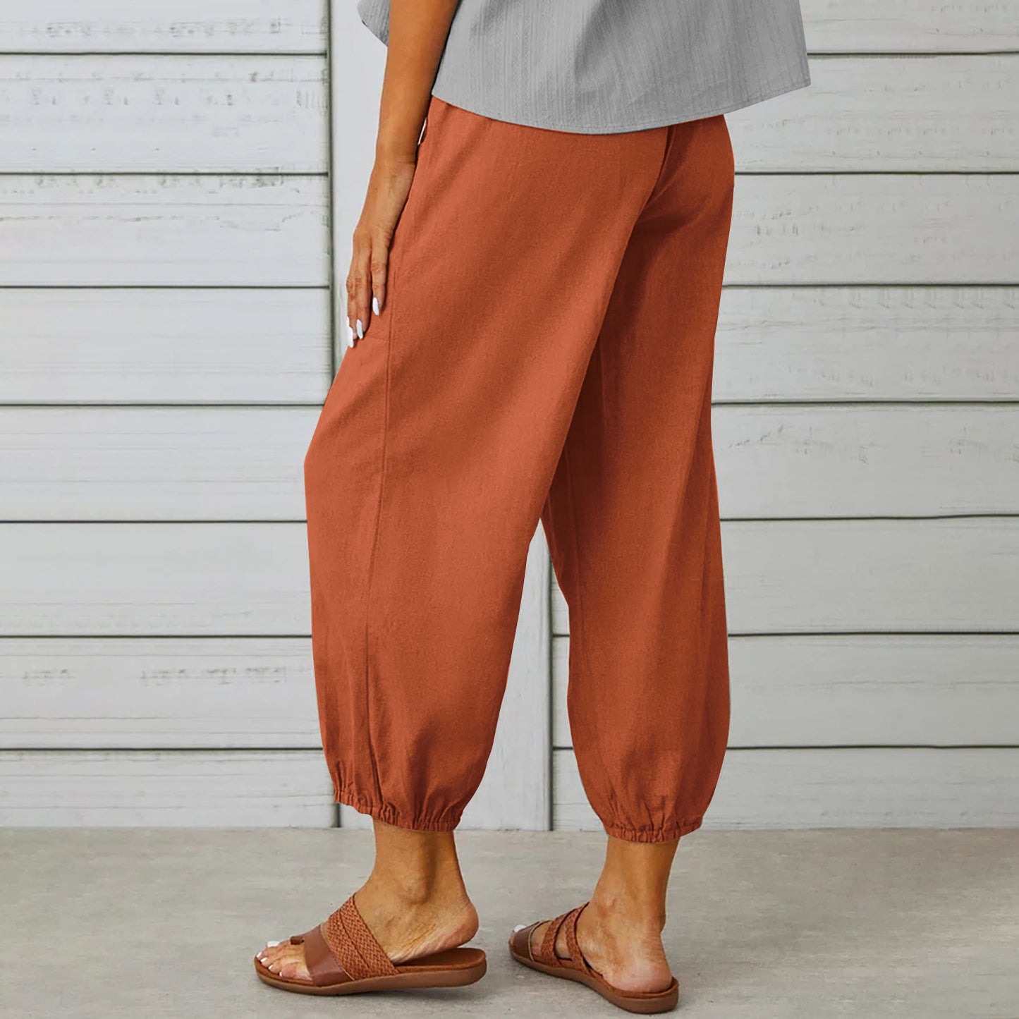 Pantalon à cordon de serrage pour femme, pantalon en coton et lin avec poches et boutons, printemps et été