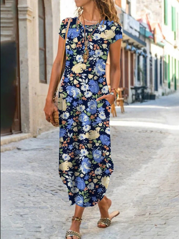 Vestido estampado de moda de manga corta con bolsillo y cuello redondo