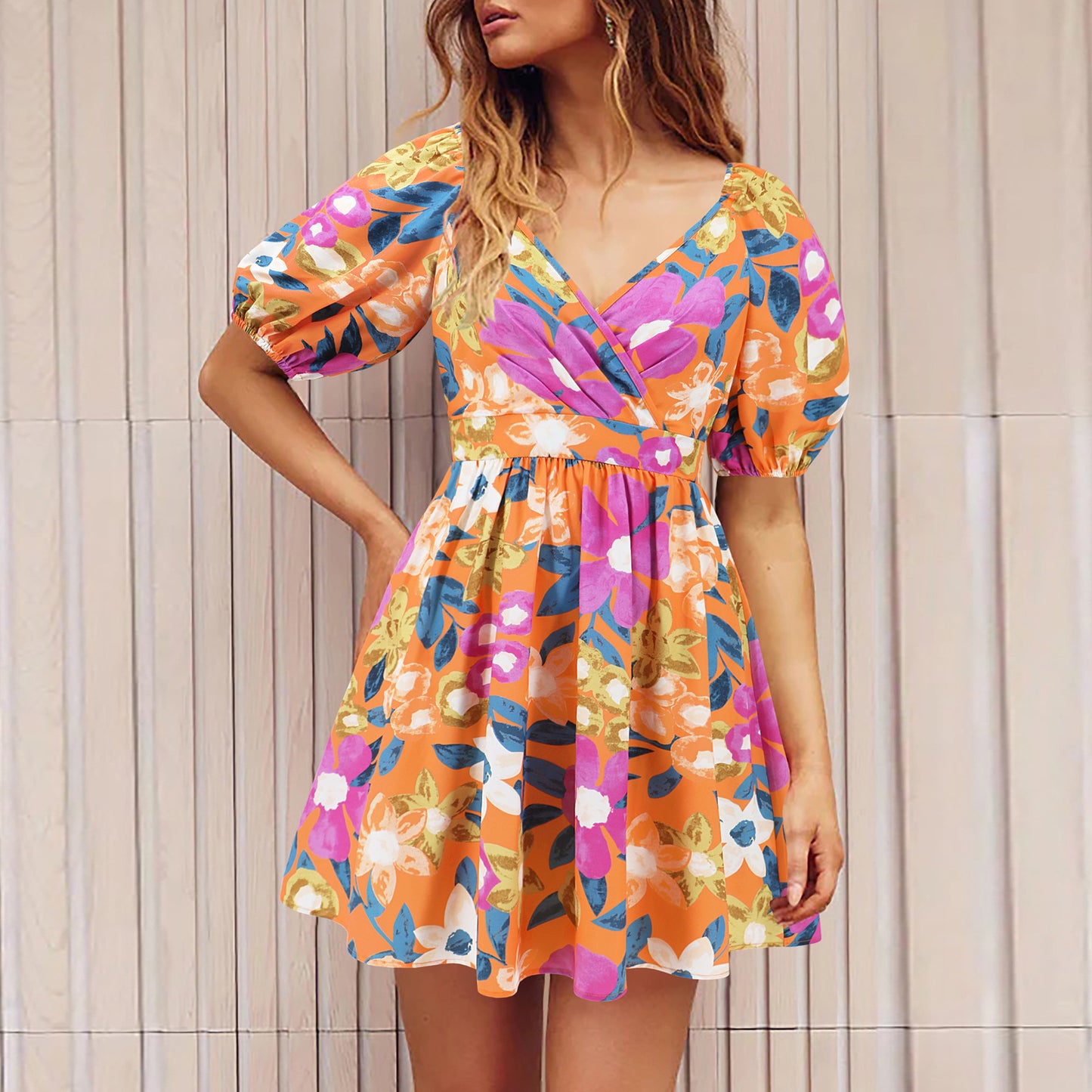 Vestido con estampado de flores y cuello en V, manga farol, Y2K, vacaciones de verano, vestidos cortos de playa, ropa de moda para mujer