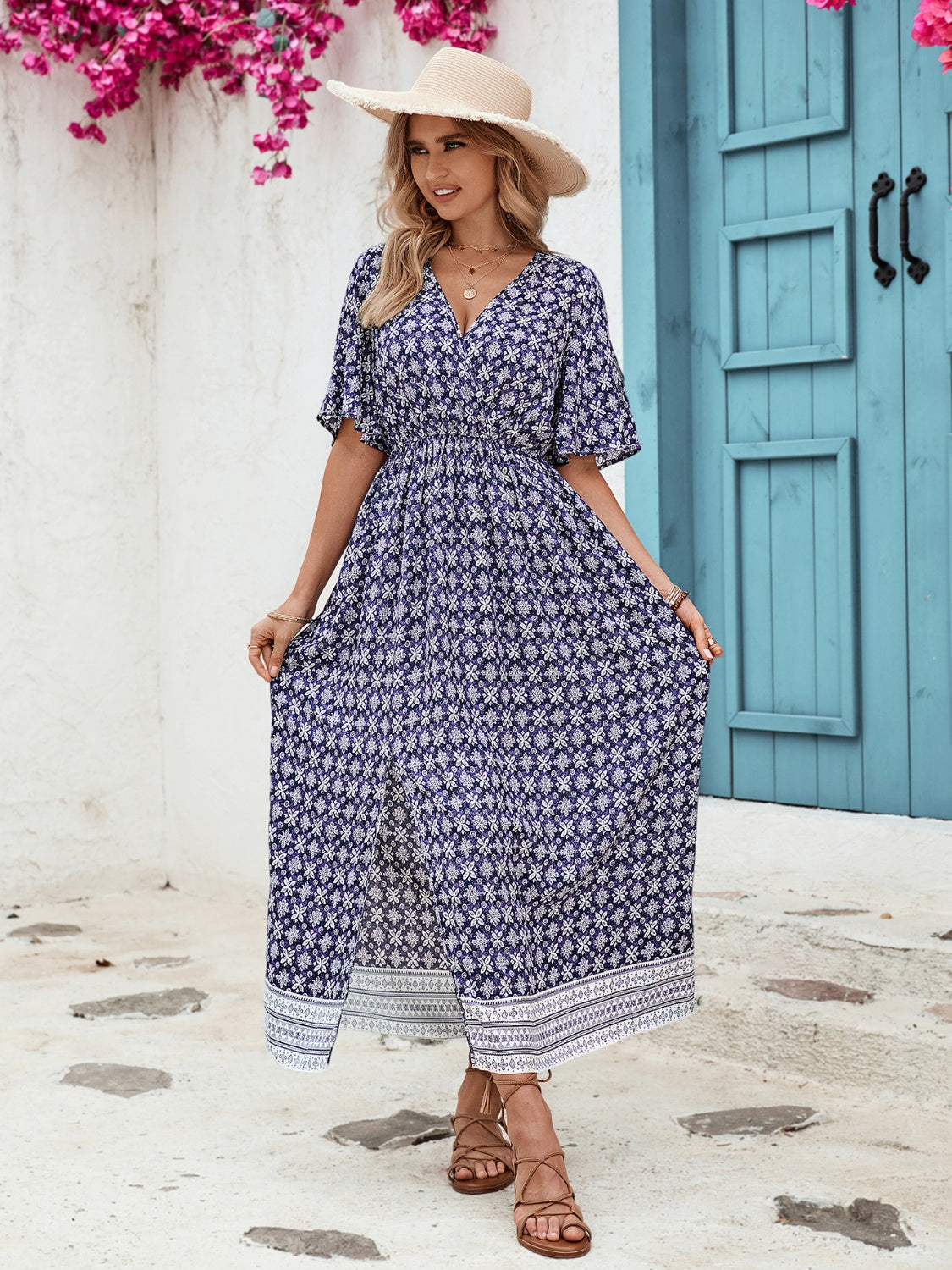 Slit Printed V-Neck Half Sleeve Dress